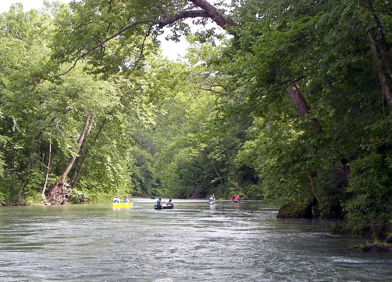 Canoes drift down the forest lined Current River in the Ozarks.