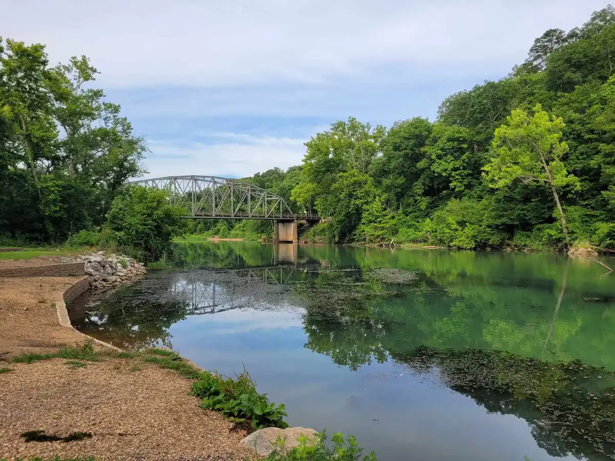 Calm green water on the Eleven Point River lined by Ozark forest.