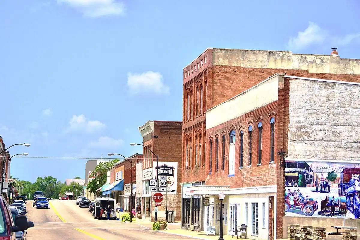 Historic brick storefronts along Main Street in Willow Springs, Missouri.
